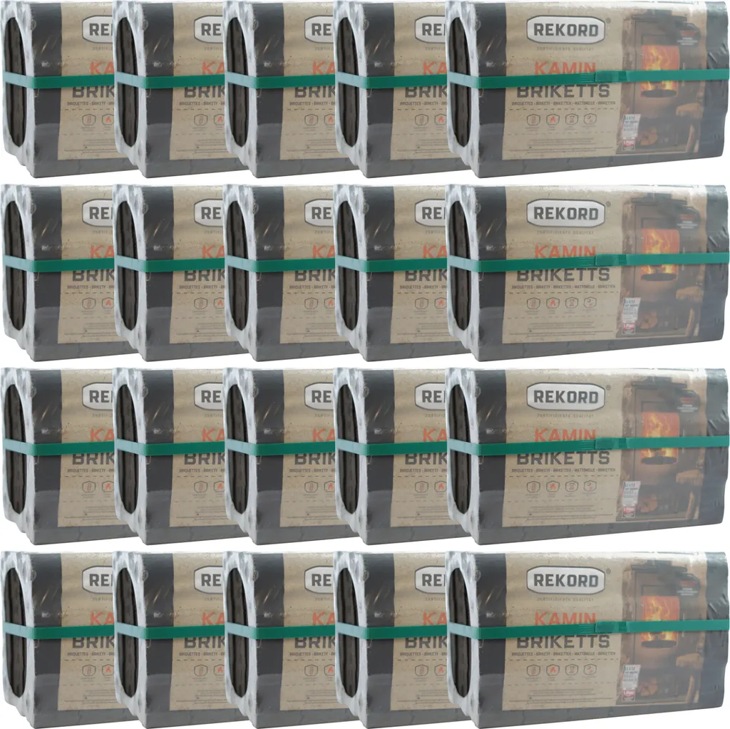 Rekord Braunkohlebriketts, 20 x 10 kg, für Ofen & Kamin, 19 MJ/kg, langanhaltende Glut, ca. 182 x 59 mm, ohne Bindemittel