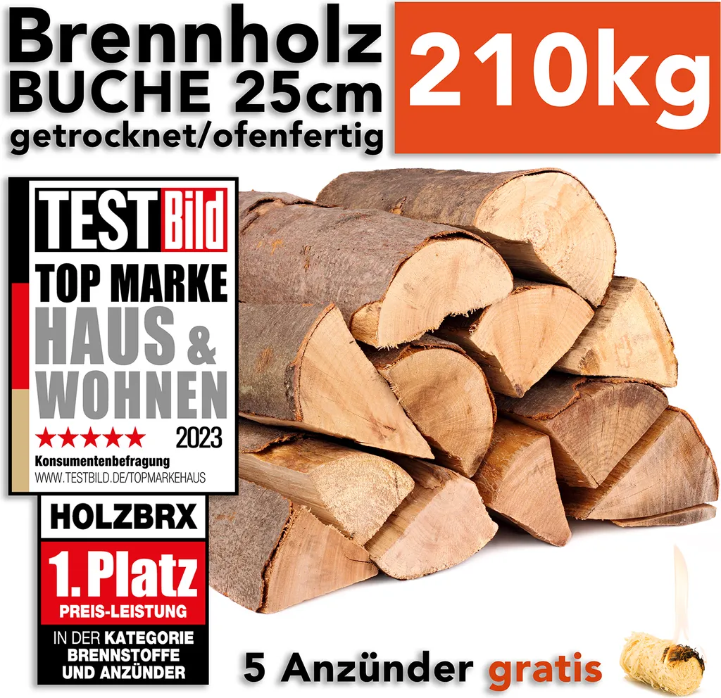 holzbrx Brennholz Buche, 25 cm, 210 kg, ofenfertig, unter 18% Restfeuchte, Scheite im Karton, inkl. 5 Holzwollanzünder, handverlesen
