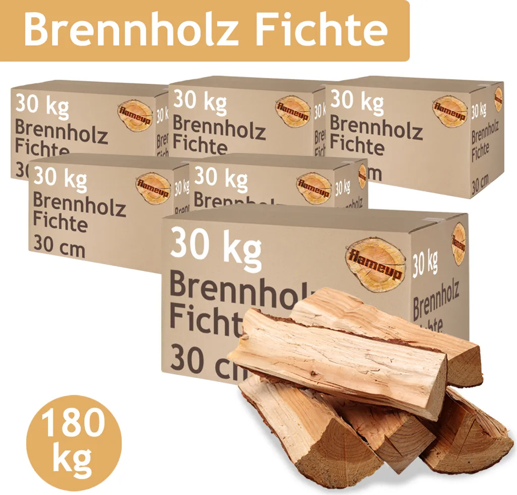 Brennholz Fichte Kaminholz 5-500 kg Holz 30 cm Für Ofen und Kamin Kaminofen Feuerschale Grill Feuerholz Holzscheite Wood Kammergetrocknet Flameup, Menge:180 kg (0.81€/kg)