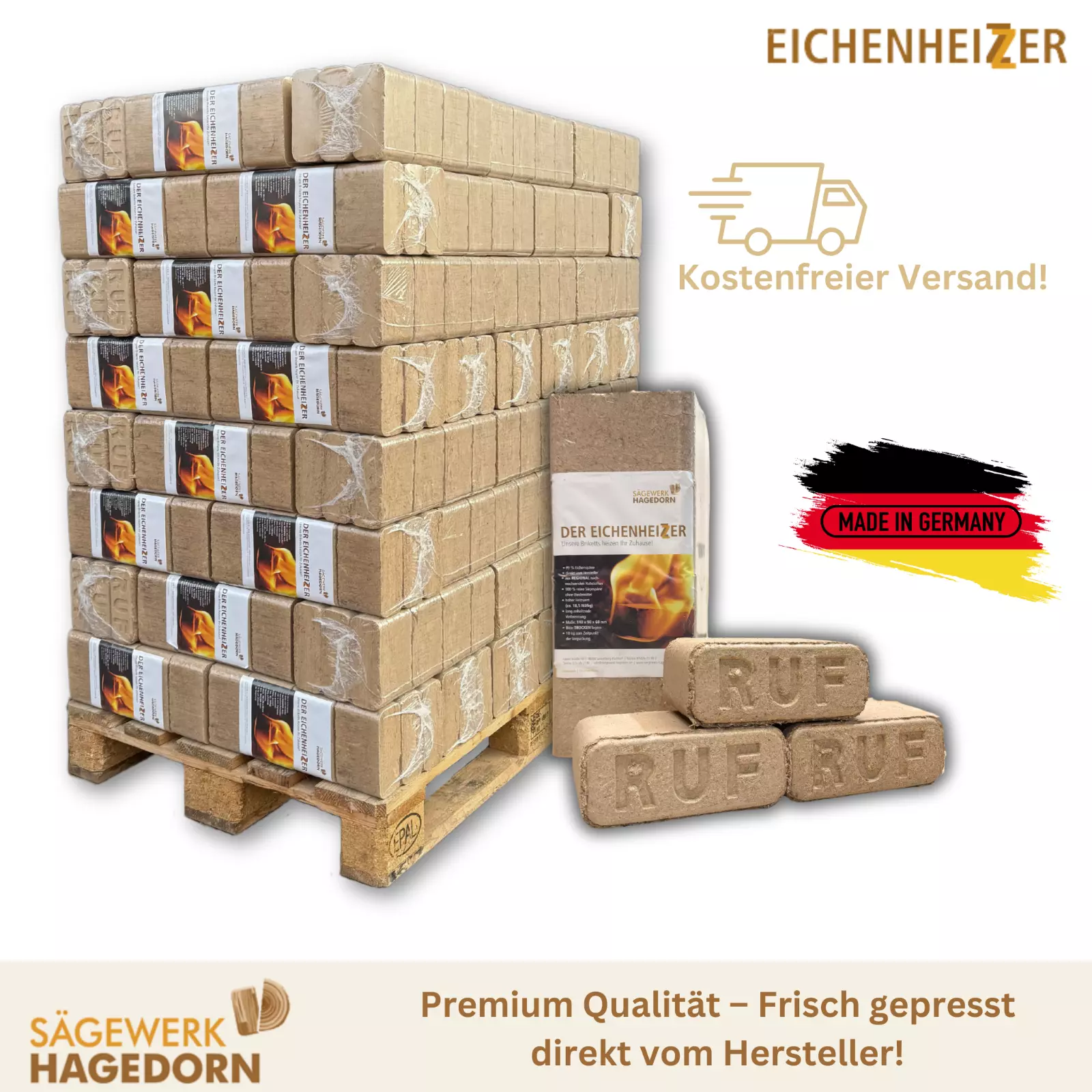 Holzbriketts RUF Hartholz 100% Eichen Briketts Brennholz 10kg x 96 960kg Palette